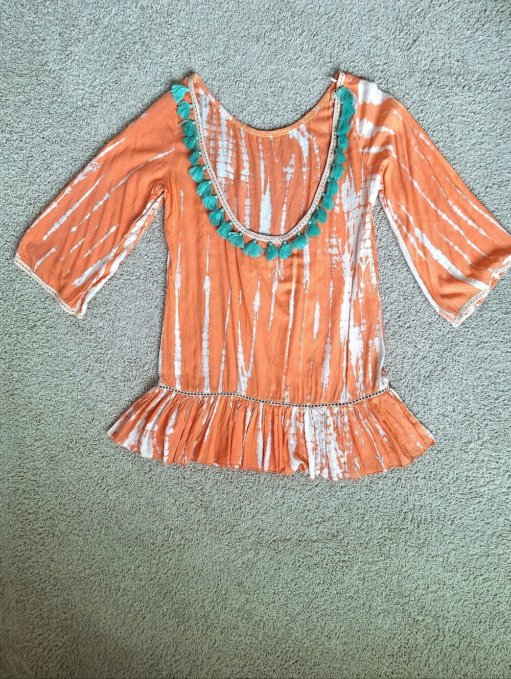 Z&L Europe Boho Orange White Tie-Dye Swim Cover-Up Dress Aqua Tassels Large